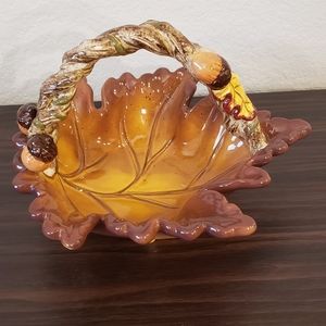 Autumn Brown & Yellow Leaf Acorn Handle Ceramic Basket MCM Vintage Fall Decor